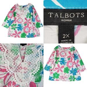 Talbots Shirt Popover Plus Size 2X Cotton Floral Boho 3/4 Sleeve Resort Wear